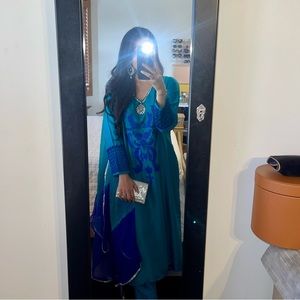 Pakistani 3pc Raw Silk Teal and Royal Blue Silver Shalwar Kameez